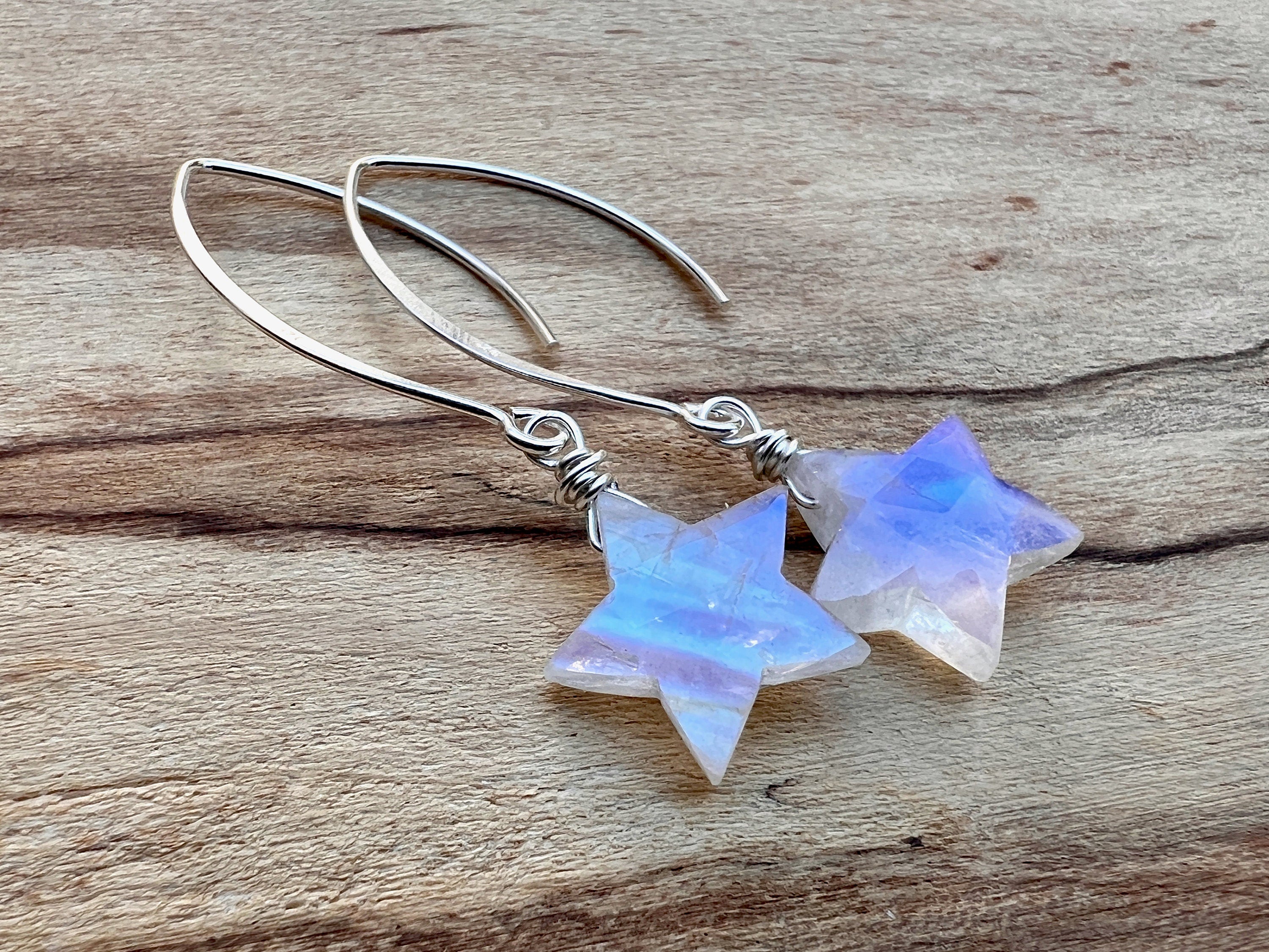 Rainbow moonstone earrings Dainty crystal star earrings Moonstone star earrings dangle Gemstone star earrings silver Raw moonstone earrings