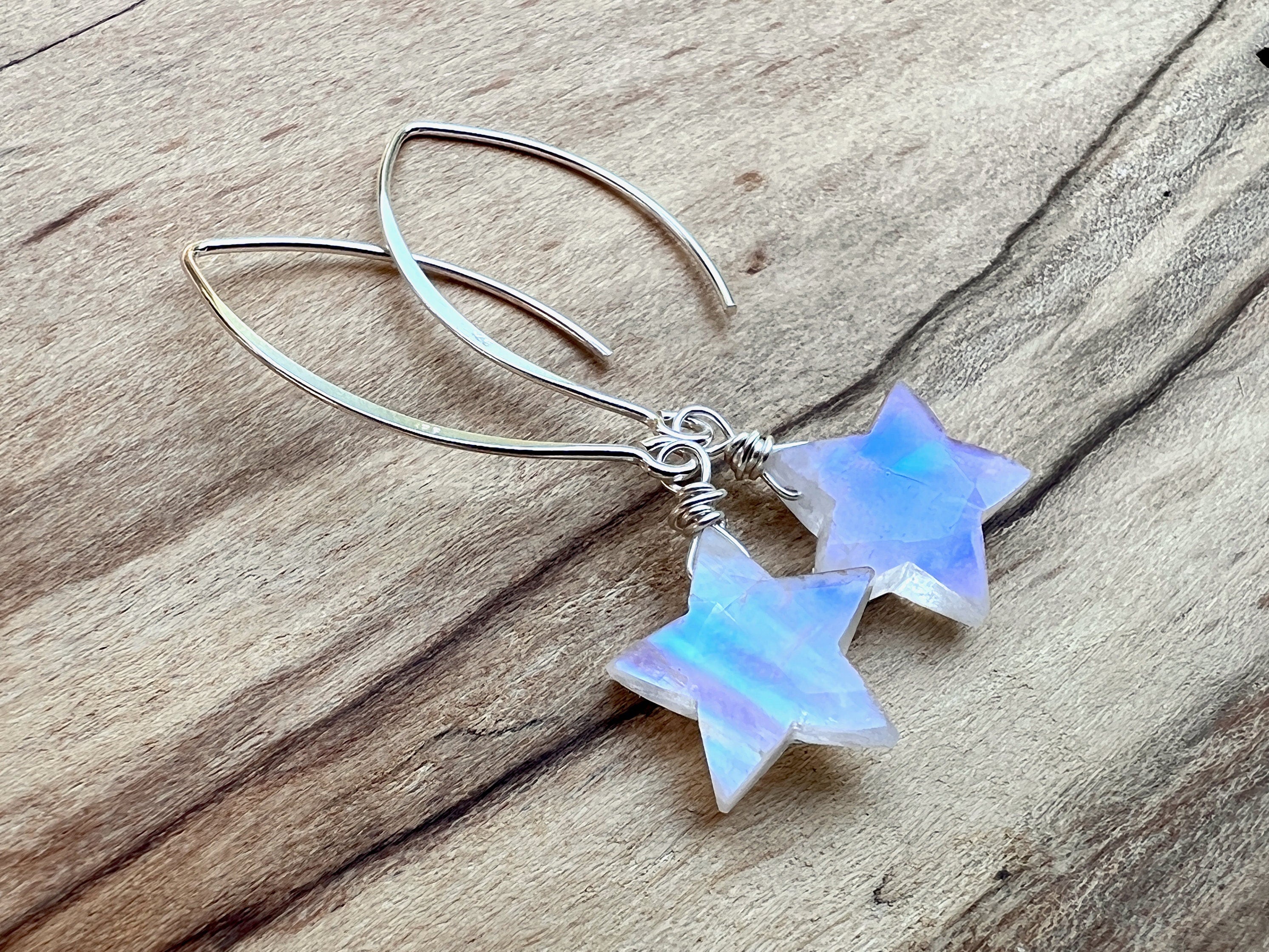 Rainbow moonstone earrings Dainty crystal star earrings Moonstone star earrings dangle Gemstone star earrings silver Raw moonstone earrings