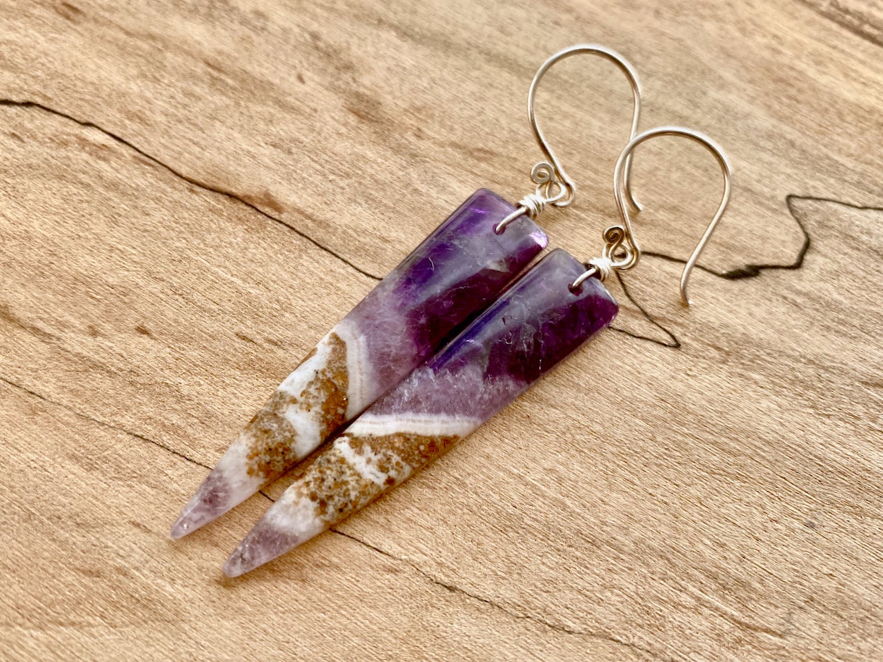Dream amethyst earrings gift for her Chevron amethyst point earrings Banded amethyst crystal earrings Dogtooth amethyst jewelry February