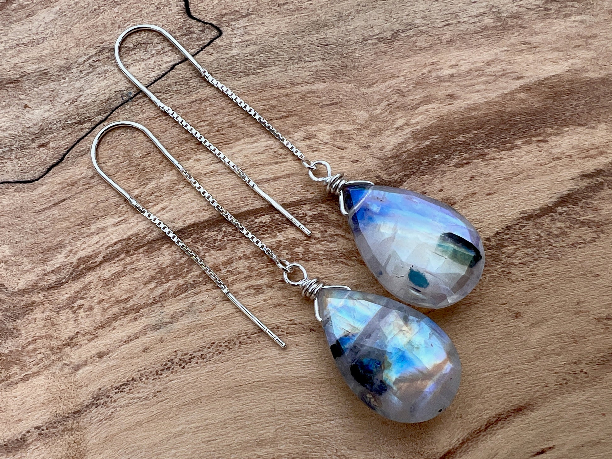 Large moonstone earrings Threader earrings Rainbow moonstone earrings Gold moonstone earrings Long chain earrings Raw moonstone jewelry