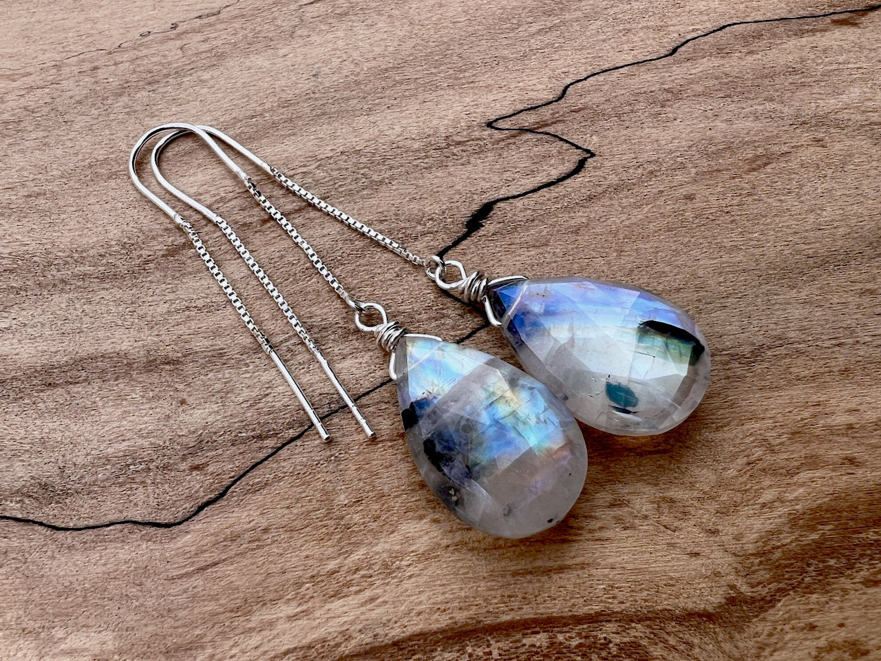 Black moonstone earrings dangle Crystal threader earrings Rainbow moonstone dangle earrings Rainbow moonstone earrings Gemstone threaders