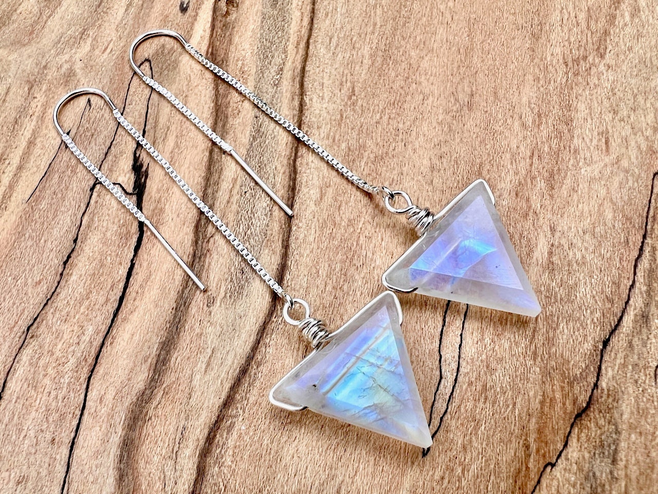 Rainbow moonstone earrings dangle Crystal point earrings Moonstone threader earrings Gemstone point earrings Moonstone triangle earrings