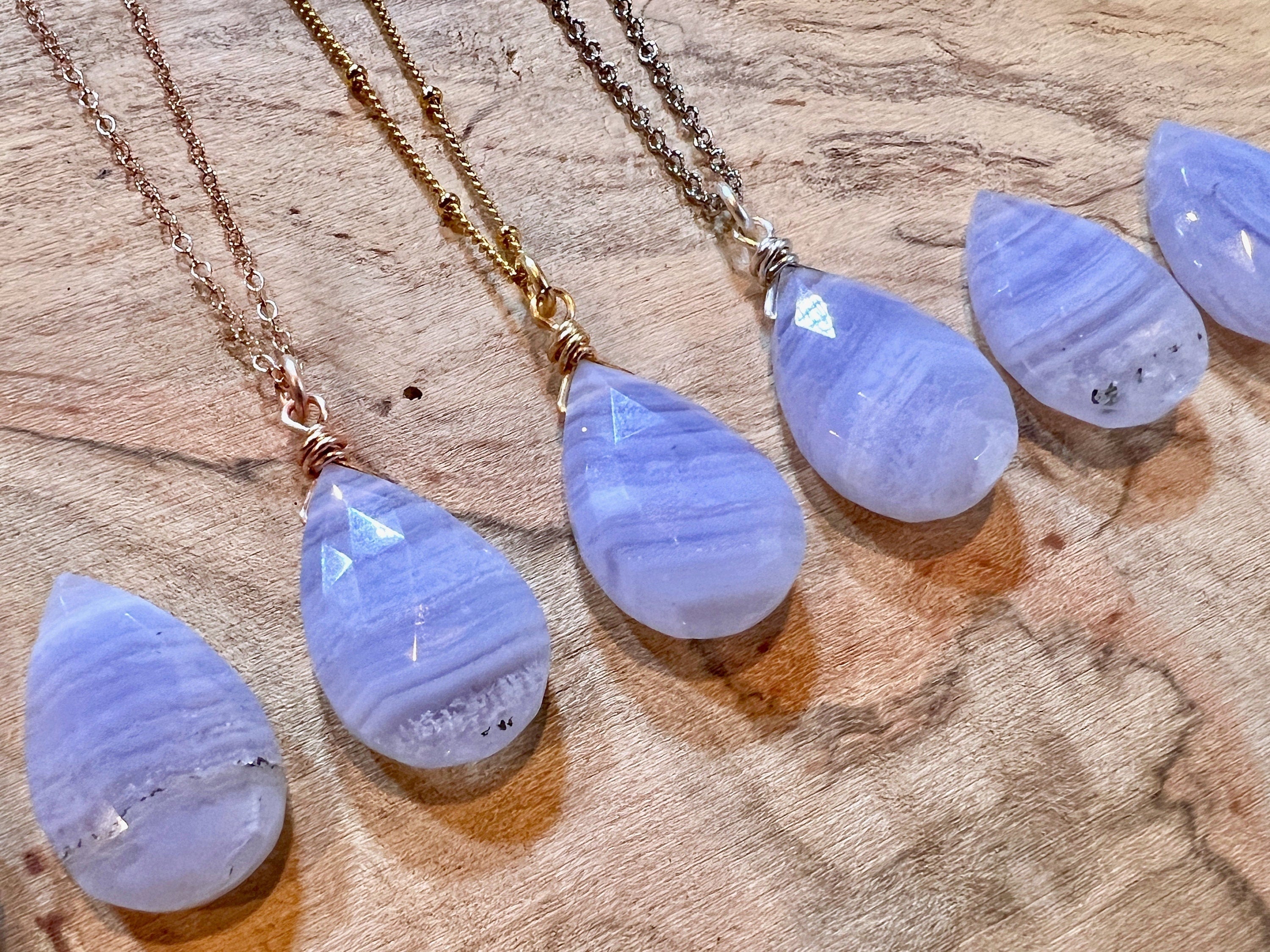 Natural Blue Lace Agate necklace gold Raw Blue lace agate pendant necklace Blue Lace Agate jewelry for women Blue Chalcedony necklace