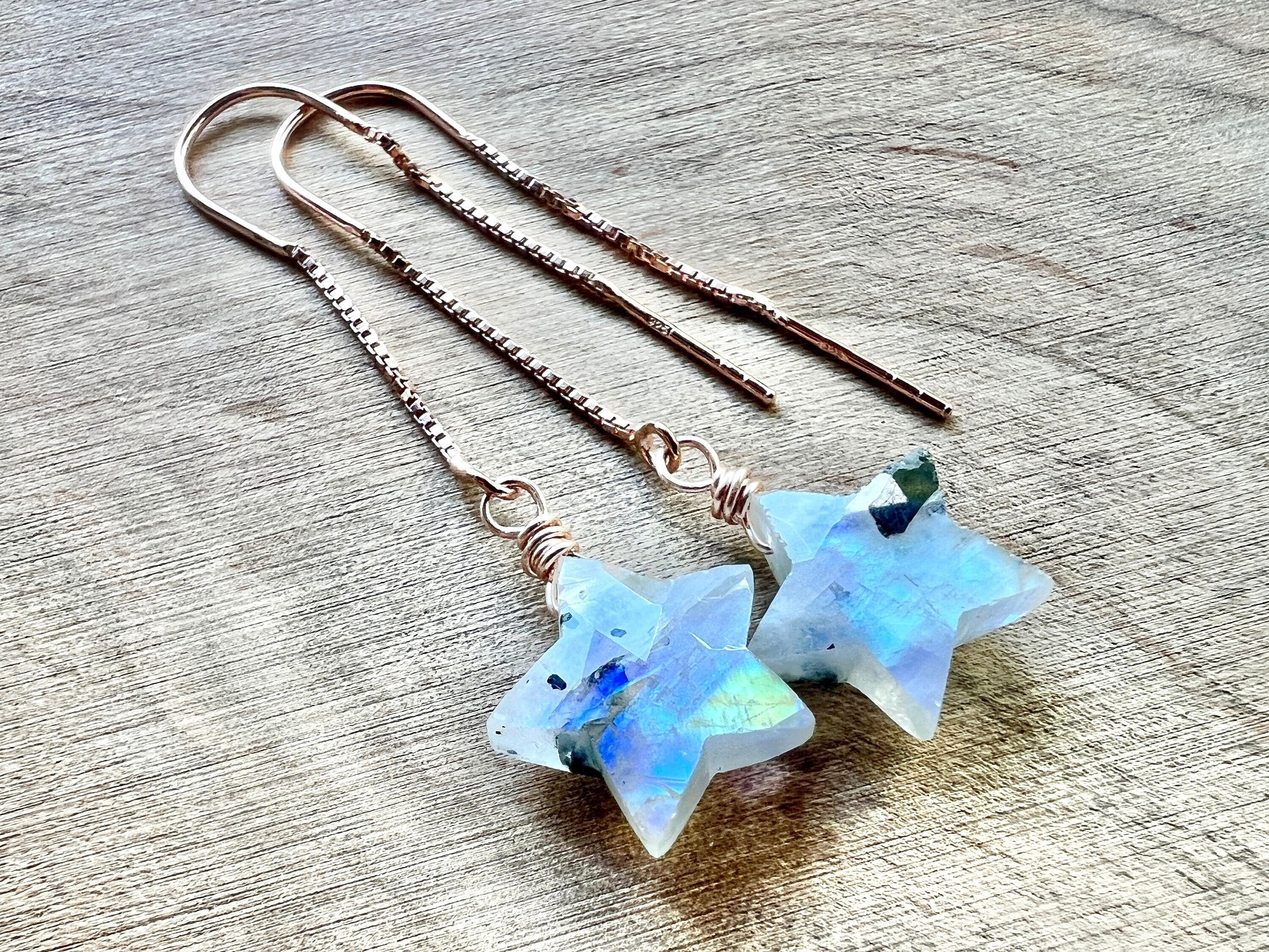 Raw moonstone star earrings Little crystal star earrings Black moonstone earrings Gemstone star earrings silver Rainbow moonstone earrings