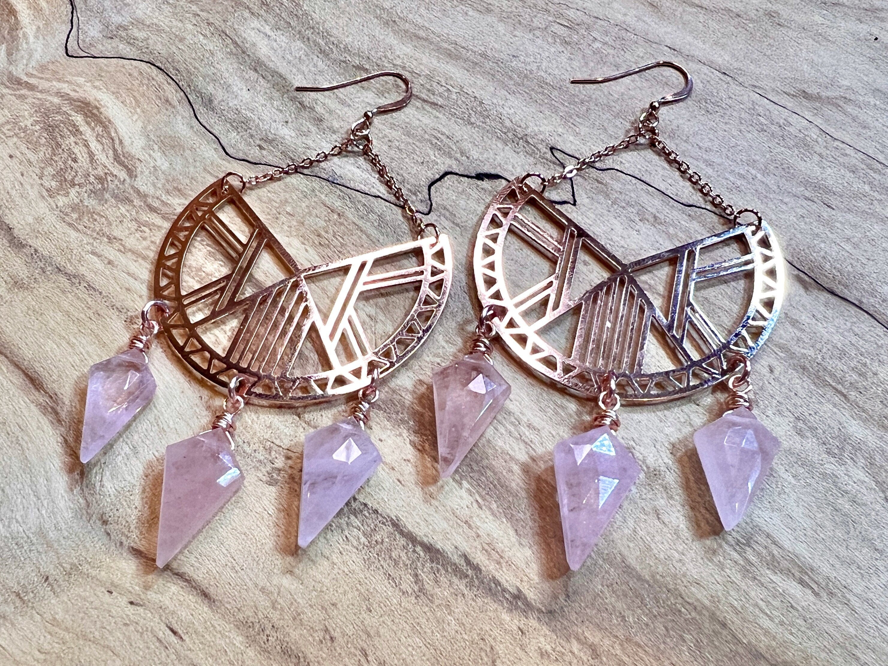 Large rose quartz earrings dangle Raw rose quartz jewelry for women Rose quartz hoop earrings Pink Quartz earrings Real rose quartz hoops