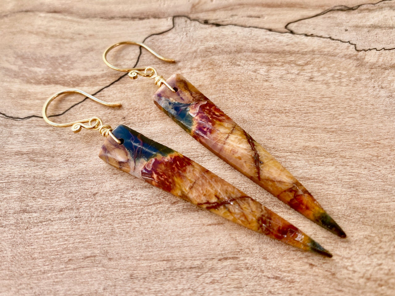 Picasso Jasper earrings dangle Long crystal earrings Red jasper earrings Crystal spike earrings Cherry creek jasper earrings Crystal point