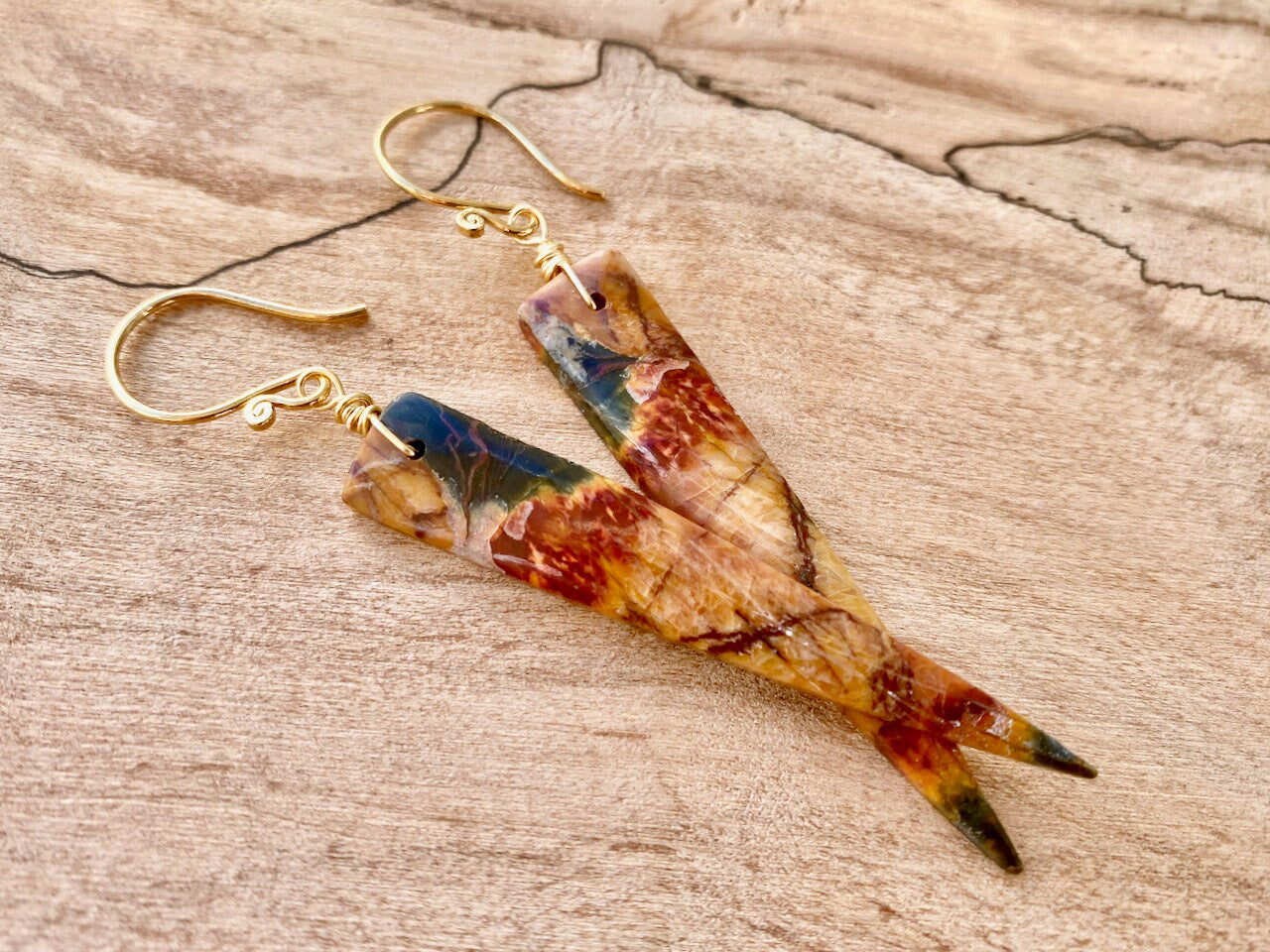 Picasso Jasper earrings dangle Long crystal earrings Red jasper earrings Crystal spike earrings Cherry creek jasper earrings Crystal point
