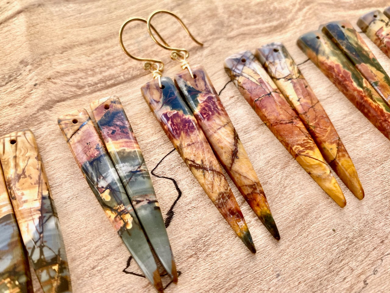 Picasso Jasper earrings dangle Long crystal earrings Red jasper earrings Crystal spike earrings Cherry creek jasper earrings Crystal point