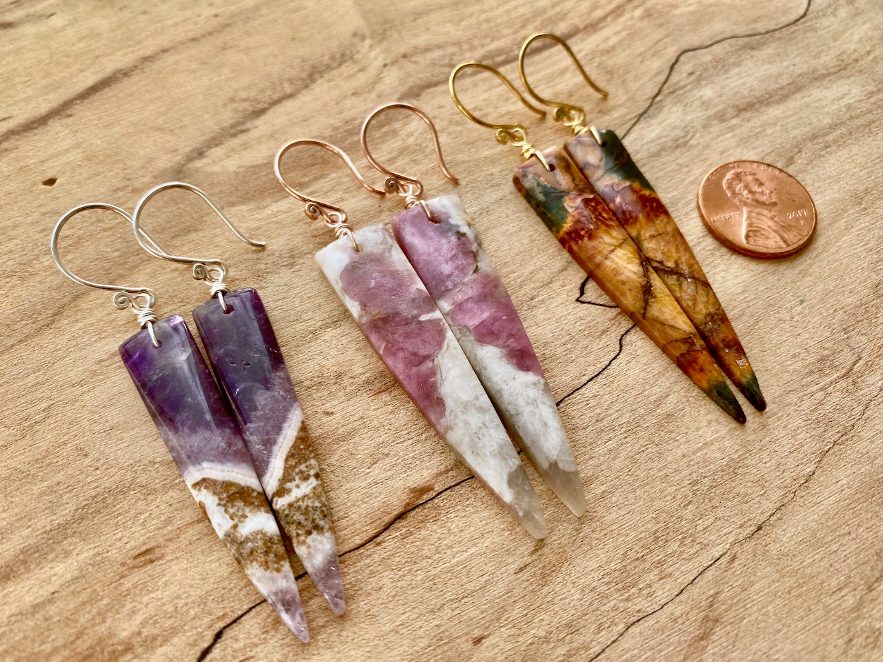 Picasso Jasper earrings dangle Long crystal earrings Red jasper earrings Crystal spike earrings Cherry creek jasper earrings Crystal point