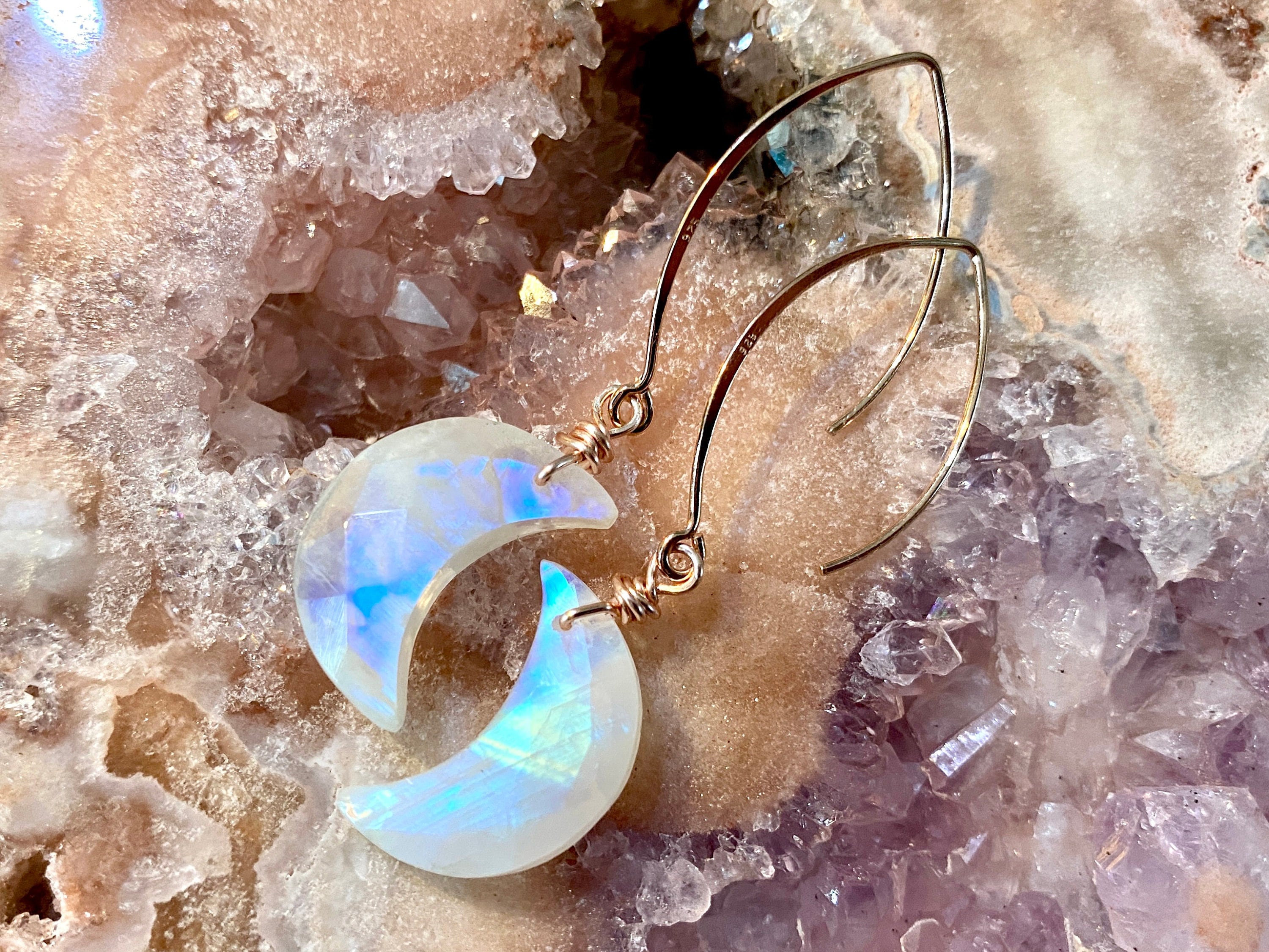 Rainbow moonstone earrings Crystal moon earrings Raw moonstone moon earrings Crescent moon earrings Half moon shaped moonstone jewelry
