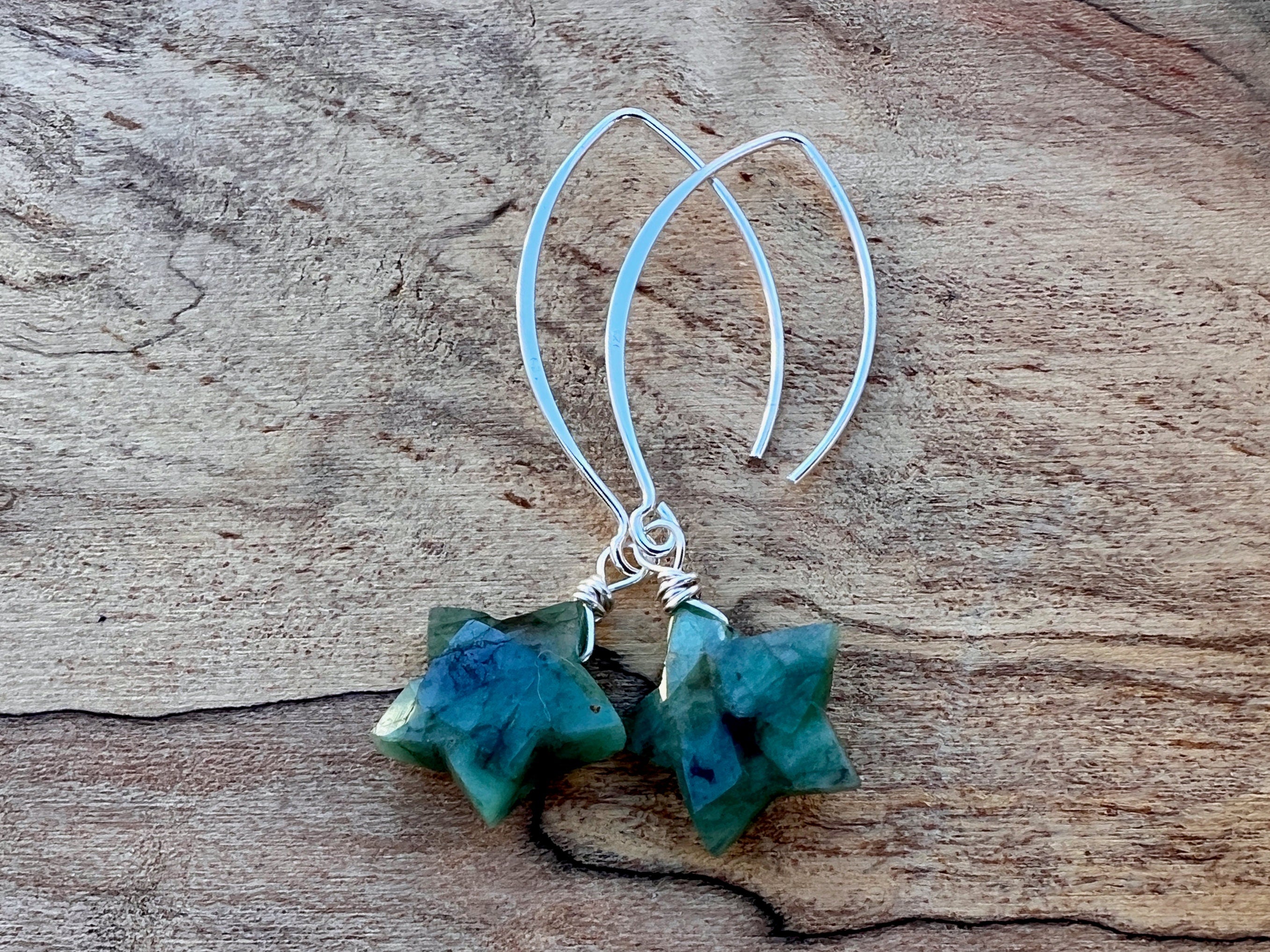 Raw emerald earrings Crystal star earrings Real emerald earrings dangle Emerald birthstone earrings Tiny emerald earrings sterling silver