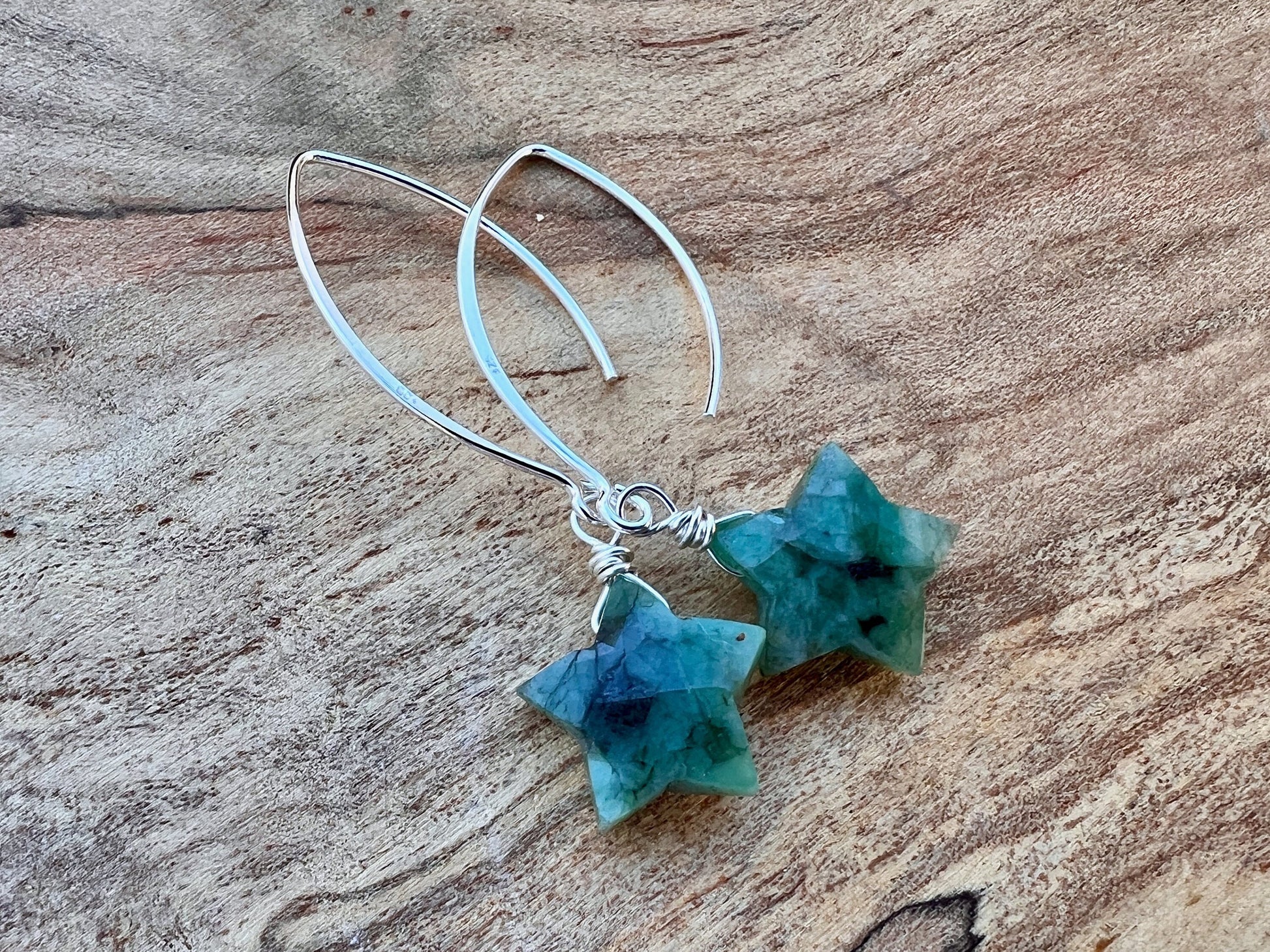 Raw emerald earrings Crystal star earrings Real emerald earrings dangle Emerald birthstone earrings Tiny emerald earrings sterling silver