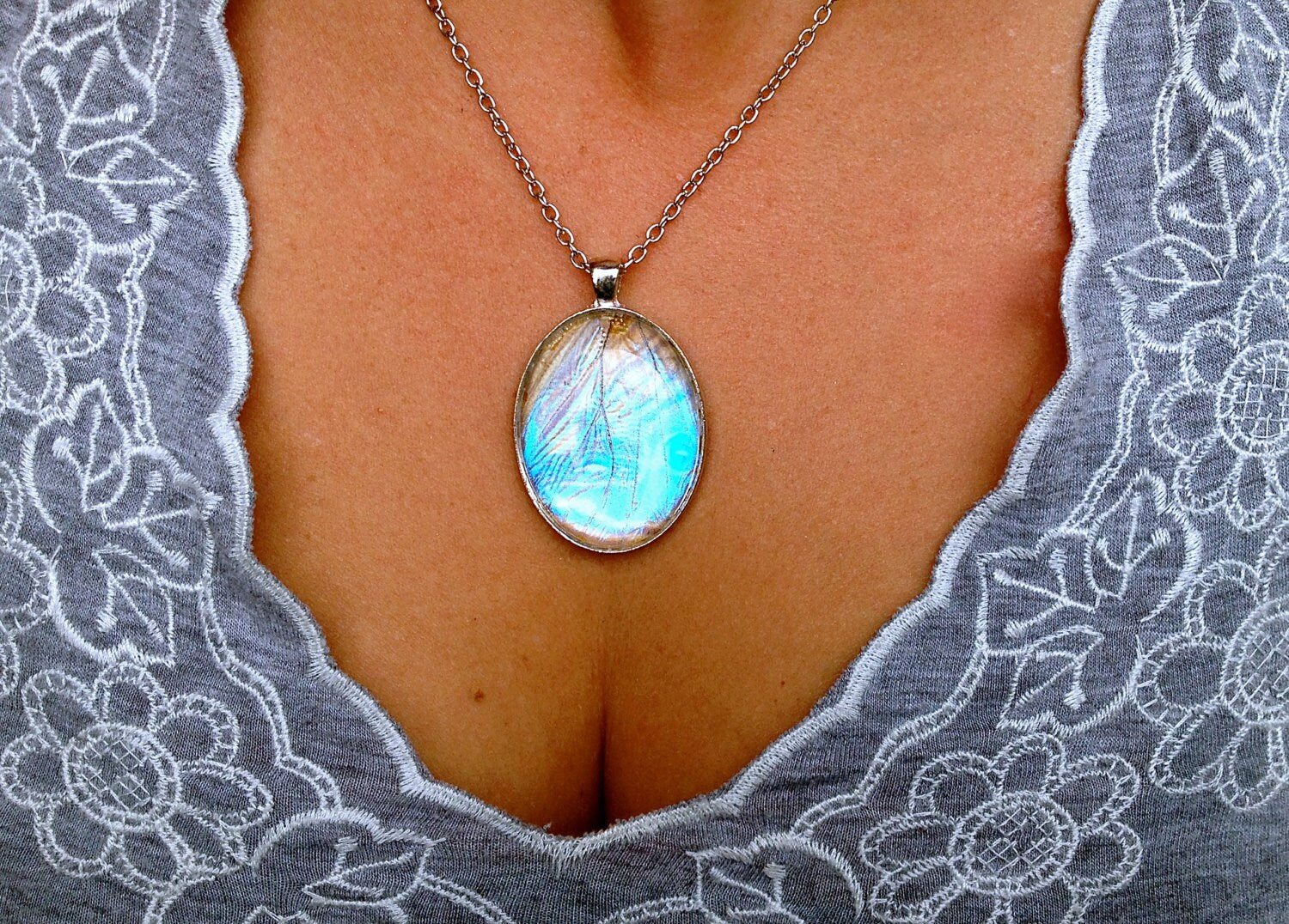 Real Butterfly Wing Jewelry October birthstone necklace Pearl Morpho butterfly - Looks like an Opal Moonstone Pendant Boho bridal jewelry