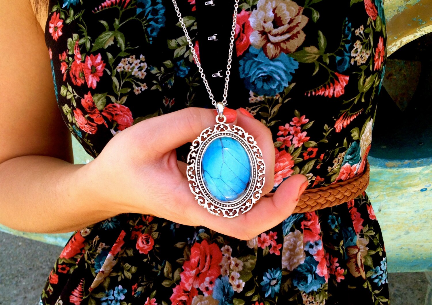 Real Butterfly Jewelry Aqua aura quartz Large Turquoise pendant necklace Blue Morpho butterfly Boho Turquoise necklace silver cameo