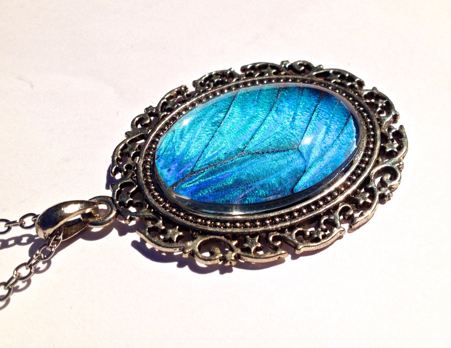 Real Butterfly Jewelry Aqua aura quartz Large Turquoise pendant necklace Blue Morpho butterfly Boho Turquoise necklace silver cameo