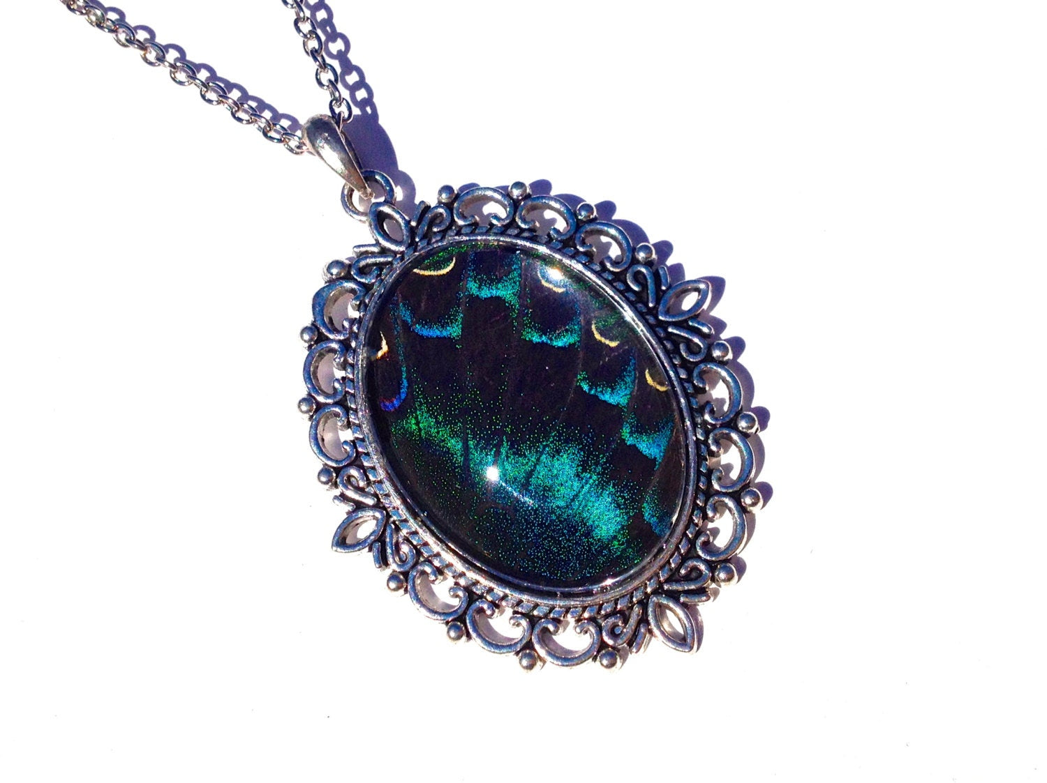 Real butterfly wing necklace Aurora Borealis Jewelry Northern lights necklace Nature-inspired jewelry Silver butterfly necklace Nature gifts