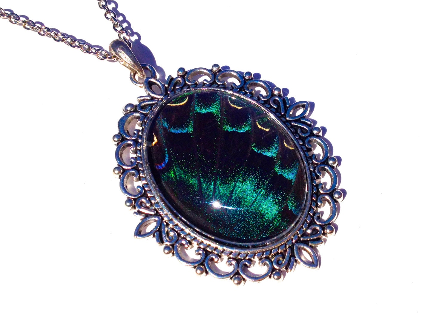 Real butterfly wing necklace Aurora Borealis Jewelry Northern lights necklace Nature-inspired jewelry Silver butterfly necklace Nature gifts