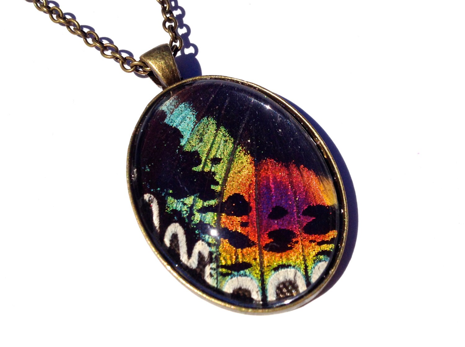 Sunset Moth Wing Pendant Real Insect Jewelry Statement Necklace Rainbow Butterfly Fairy Wings Entomology Antique Gold Silver Crystal