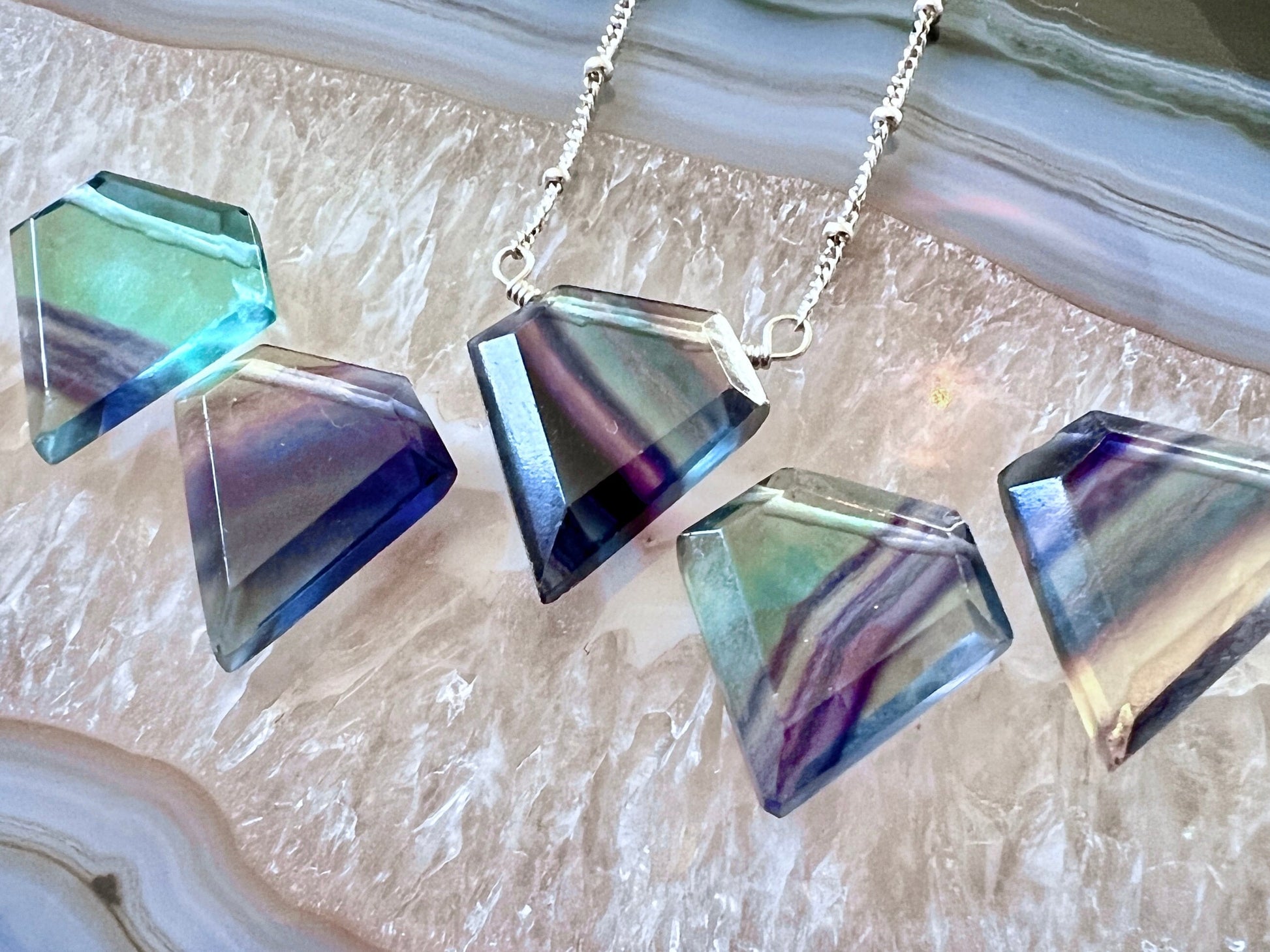 Striped fluorite necklace for women Rainbow fluorite pendulum Crystal shield necklace Raw flurite necklace Rainbow fluorite pendant