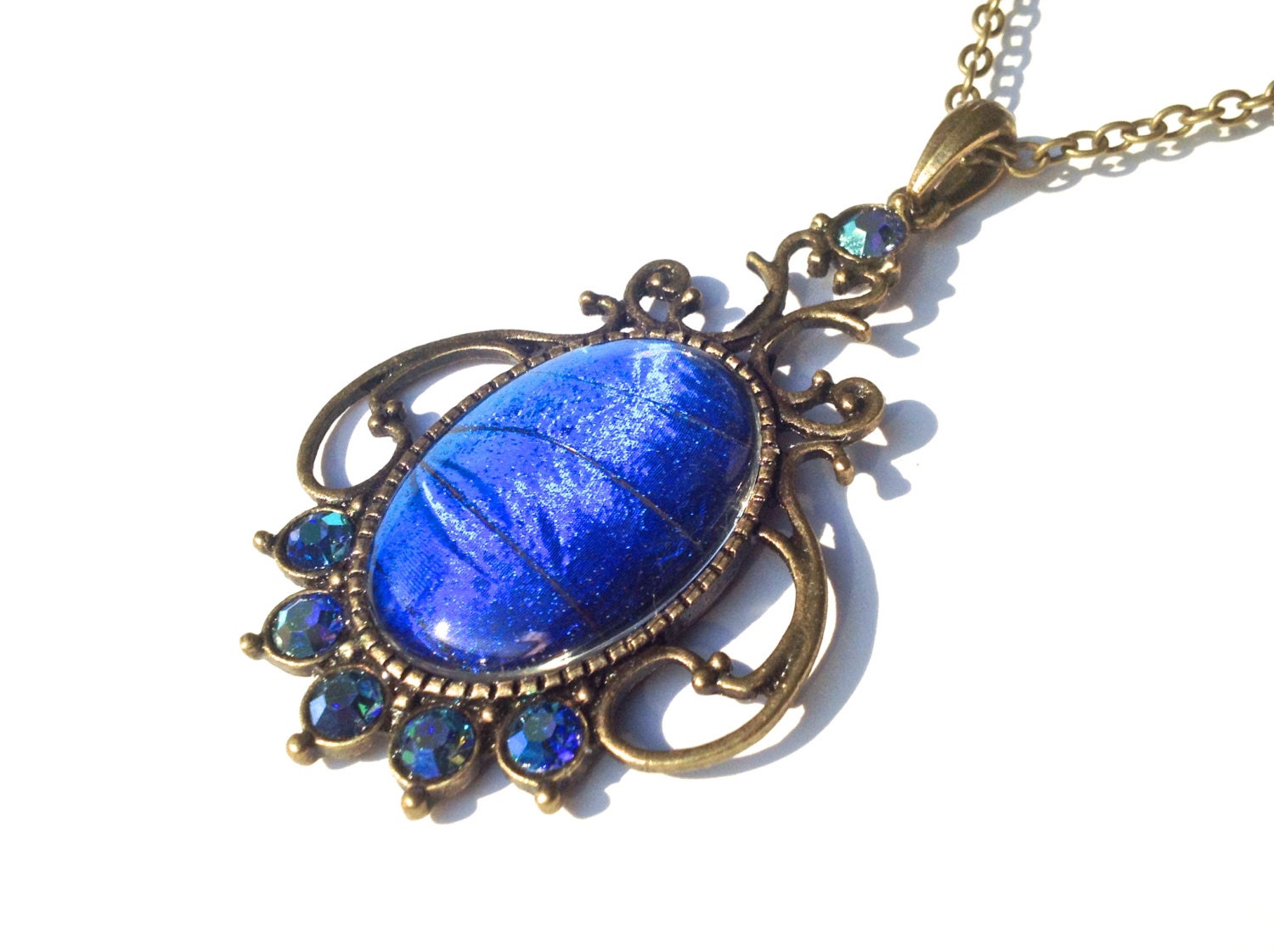 Blue Butterfly Wing Necklace Real Morpho Royal Blue Statement Necklace Khaleesi Cobalt Blue quartz crystal Vampire Diaries blue and gold