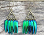 Real beetle wing earrings Fringe earring scarab beetle earrings Edgy earrings Gold triangle earrings Jewel beetle Green elytra