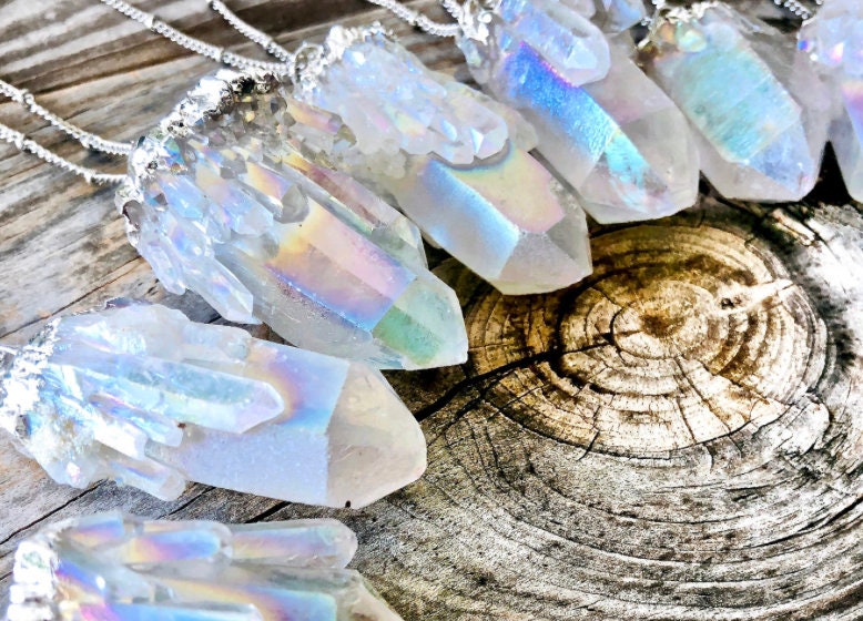 Raw crystal necklace Healing crystal necklace Angel Aura Quartz Necklace Opal crystal necklace Rainbow quartz point Sterling silver option