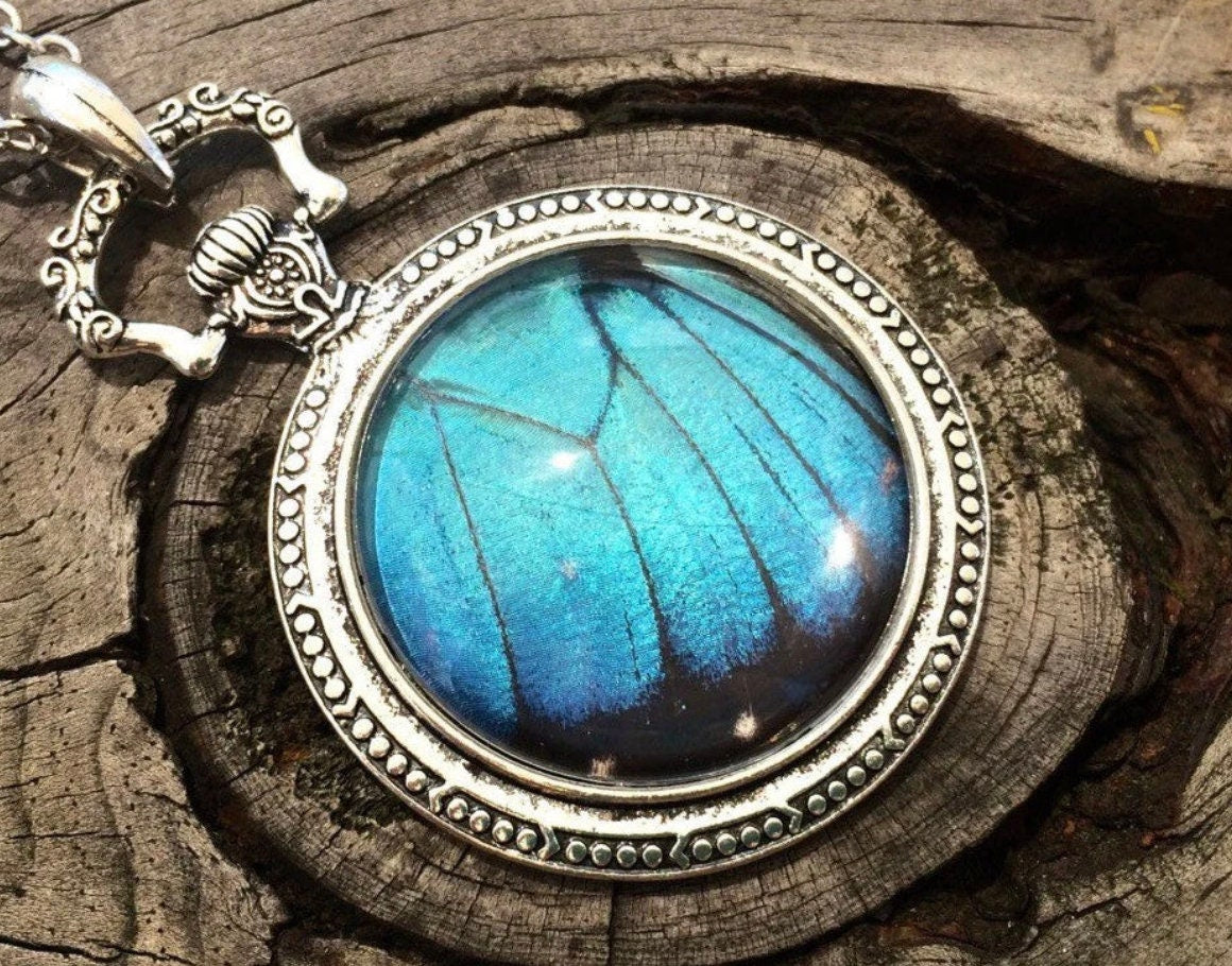 Real blue morpho butterfly necklace Something blue for bride Trending now in jewelry Boho turquoise necklace Silver watch necklace