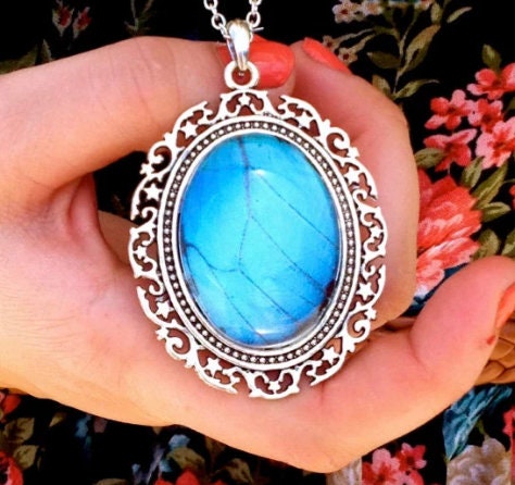 Real Butterfly Jewelry Aqua aura quartz Large Turquoise pendant necklace Blue Morpho butterfly Boho Turquoise necklace silver cameo