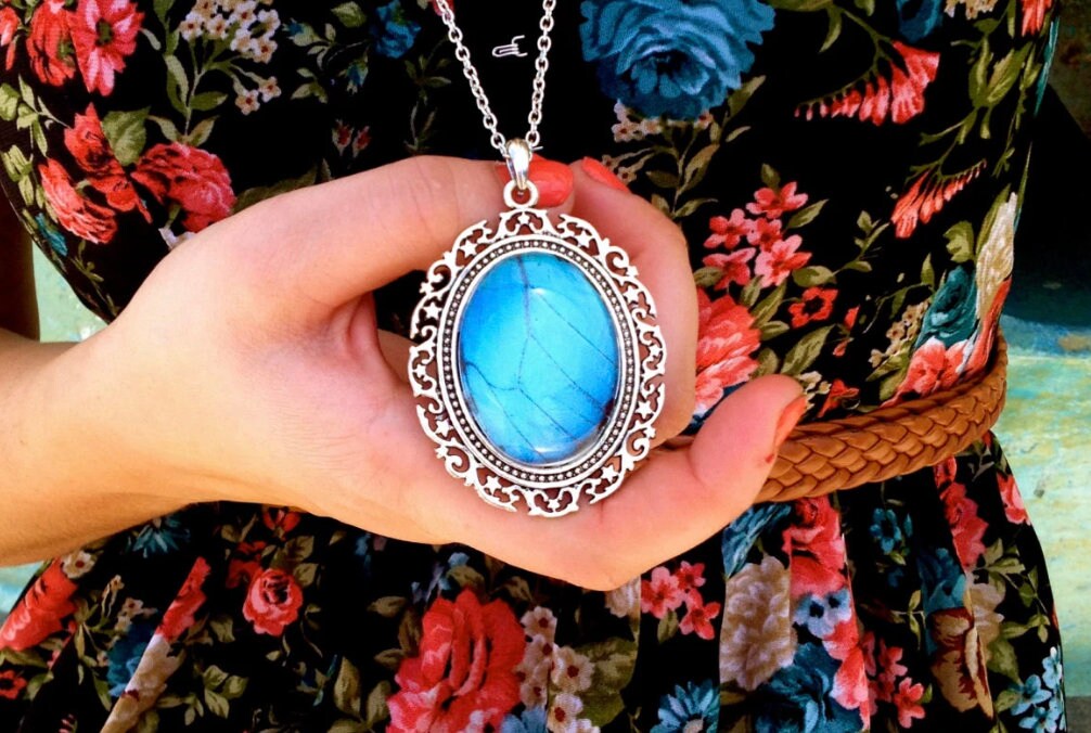 Real Butterfly Jewelry Aqua aura quartz Large Turquoise pendant necklace Blue Morpho butterfly Boho Turquoise necklace silver cameo