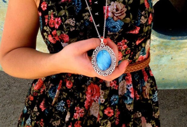 Real Butterfly Jewelry Aqua aura quartz Large Turquoise pendant necklace Blue Morpho butterfly Boho Turquoise necklace silver cameo