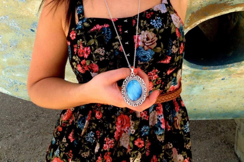 Real Butterfly Jewelry Aqua aura quartz Large Turquoise pendant necklace Blue Morpho butterfly Boho Turquoise necklace silver cameo