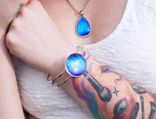 Real Blue Morpho Butterfly wing bracelet Silver butterfly bracelet Blue morpho Jewelry Butterfly cuff bracelet Bug bracelet Insect bracelet