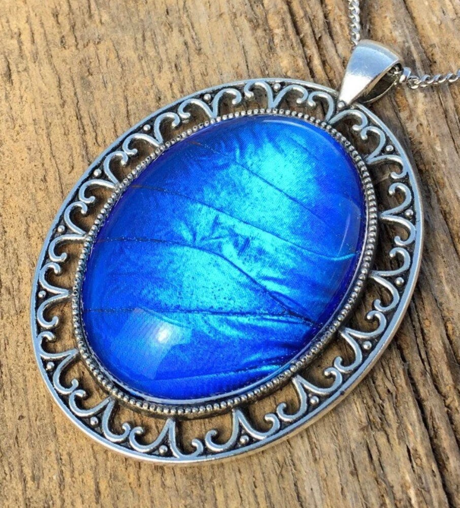 Recycled butterfly wing necklace Real butterfly necklace Blue morpho necklace Pressed flower necklace Ethically sourced butterfly jewelry