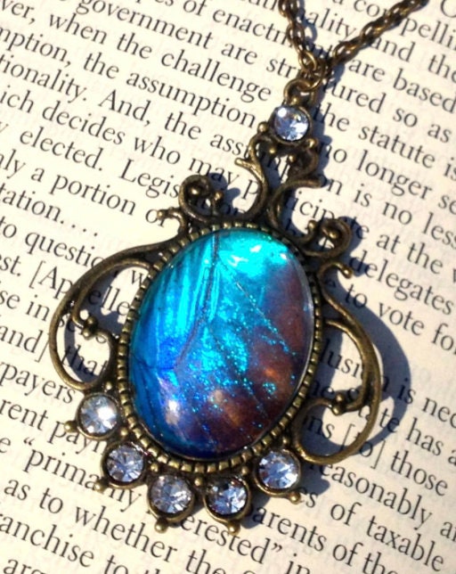 Real blue morpho butterfly necklace Vintage modernist jewelry space butterfly gift for girlfriend Fantasy themed jewelry Dark souls Cosplay