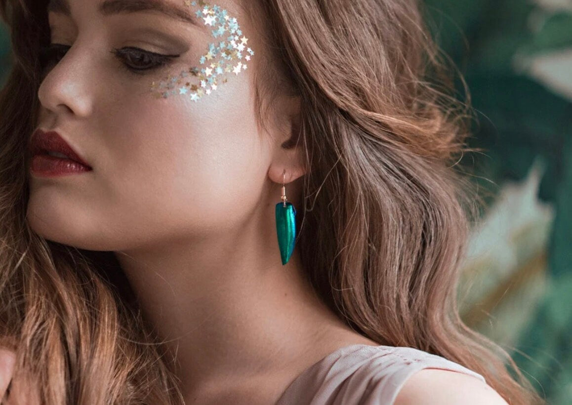 Real jewel beetle earrings Witchy earrings Insect jewelry Bug earrings Witchy jewelry Green beetle wing earrings Real insect jewelry