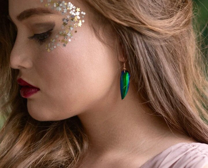 Real jewel beetle earrings Witchy earrings Insect jewelry Bug earrings Witchy jewelry Green beetle wing earrings Real insect jewelry