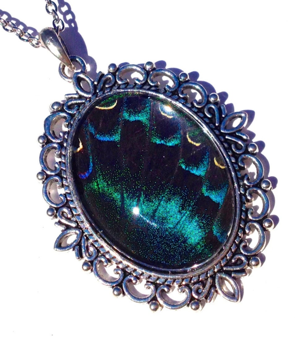 Real butterfly wing necklace Aurora Borealis Jewelry Northern lights necklace Nature-inspired jewelry Silver butterfly necklace Nature gifts