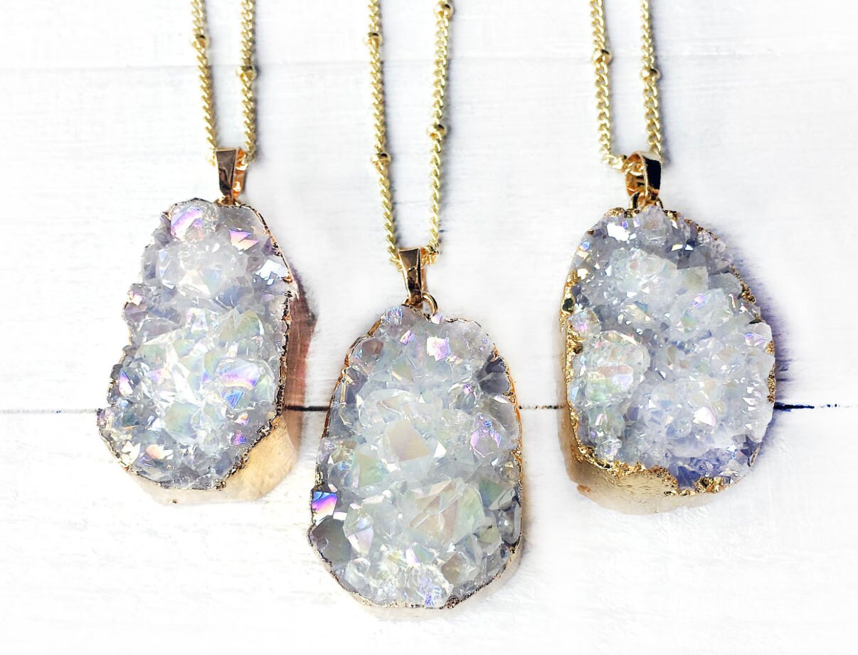 Angel Aura crystal necklace Raw healing crystals and stones Opal aura quartz necklace Rainbow aura quartz cluster Druzy geode pendant