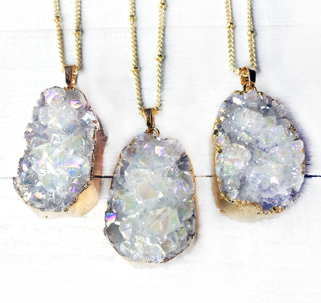 Angel Aura crystal necklace Raw healing crystals and stones Opal aura quartz necklace Rainbow aura quartz cluster Druzy geode pendant
