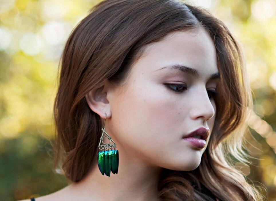 Gold triangle earrings Real beetle earrings Gold geometric earrings Green Jewel beetle wing earrings Sacred Geometry earrings Triangle hoops