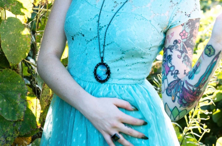 Real Blue Morpho Butterfly Jewelry Gothic necklace Pastel goth Aesthetic Vaporwave Soft grunge Long black necklace Gothic jewelry