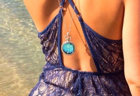 Real blue morpho butterfly necklace Something blue for bride Trending now in jewelry Boho turquoise necklace Silver watch necklace