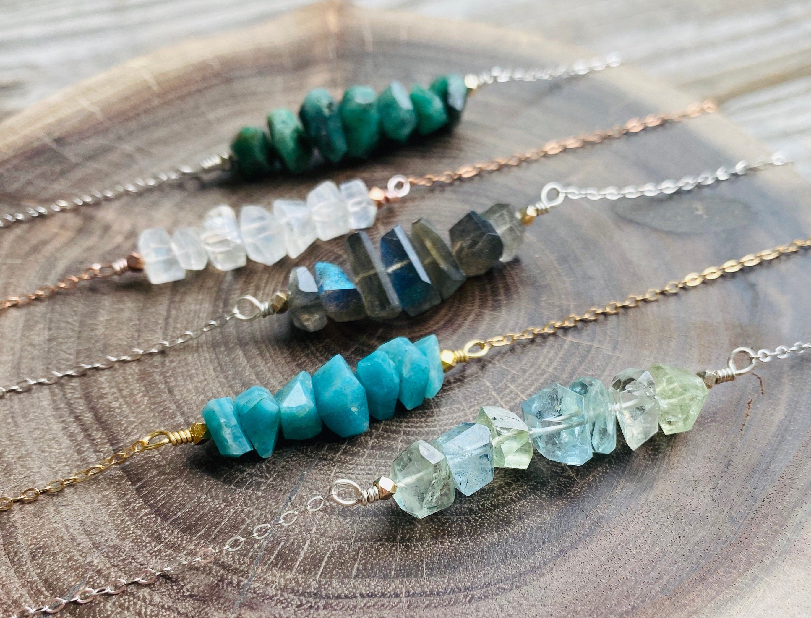 Raw gemstone necklace Birthstone jewelry gifts Raw birthstone necklace for mom Peridot necklace Gemstone bar necklace Aquamarine necklace
