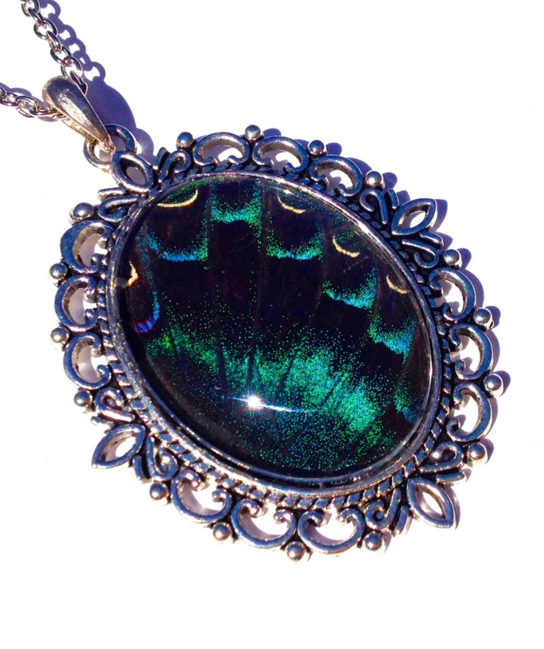 Real butterfly wing necklace Aurora Borealis Jewelry Northern lights necklace Nature-inspired jewelry Silver butterfly necklace Nature gifts