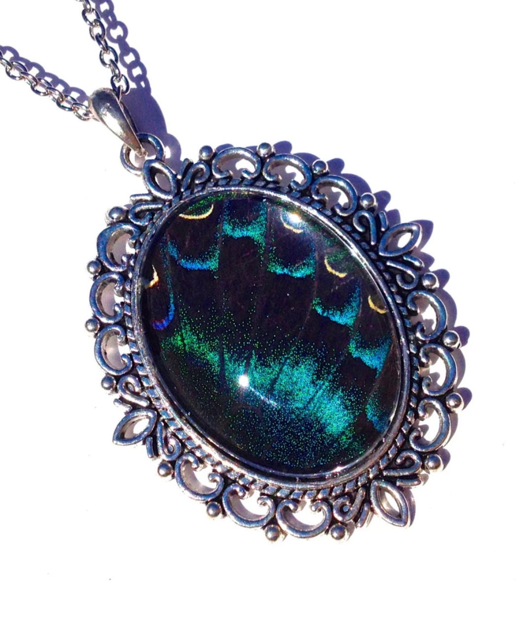 Real butterfly wing necklace Aurora Borealis Jewelry Northern lights necklace Nature-inspired jewelry Silver butterfly necklace Nature gifts