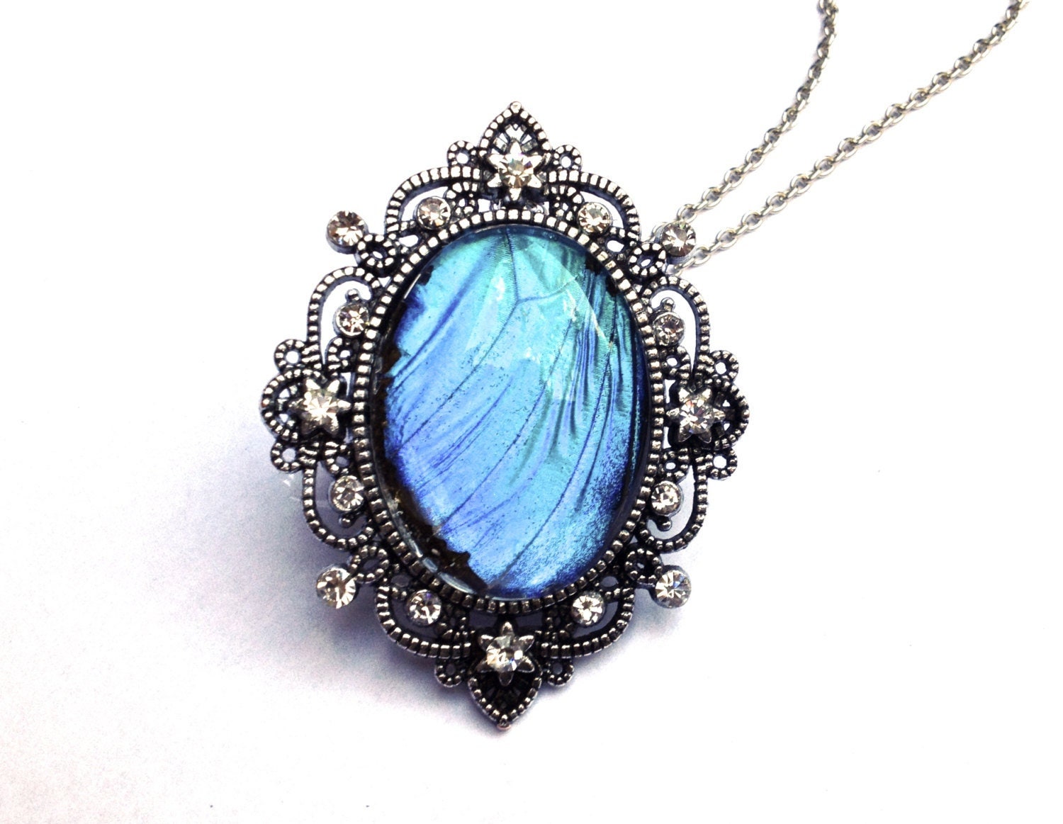 Real Blue Morpho Butterfly Wing Necklace Large Crystal Pendant Insect Jewelry Statement necklace Vampire Diaries Quartz Victorian Cameo