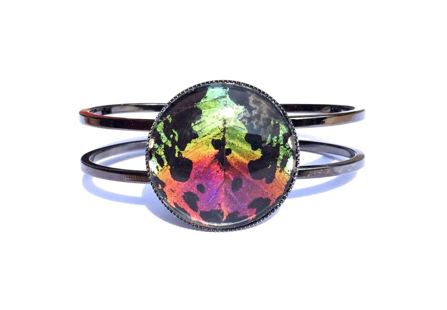 Real Butterfly Wing bracelet bangle Black cuff bracelet Purple and teal Gunmetal bracelet Glass terrarium bracelet Sunset moth bracelet