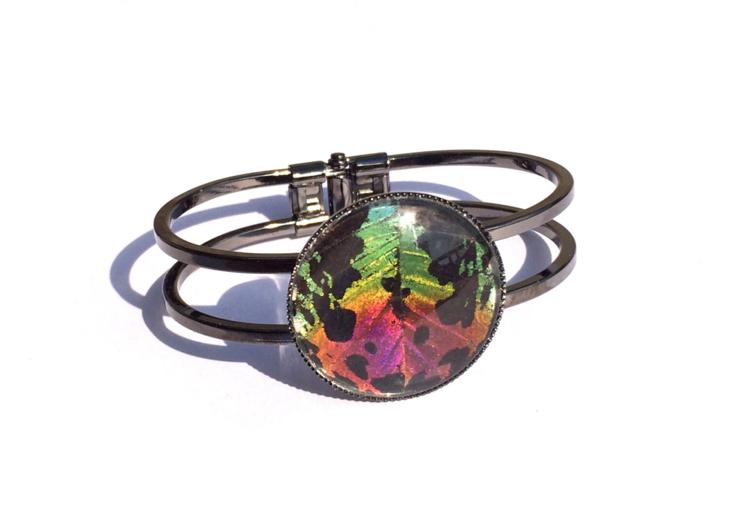 Real Butterfly Wing bracelet bangle Black cuff bracelet Purple and teal Gunmetal bracelet Glass terrarium bracelet Sunset moth bracelet