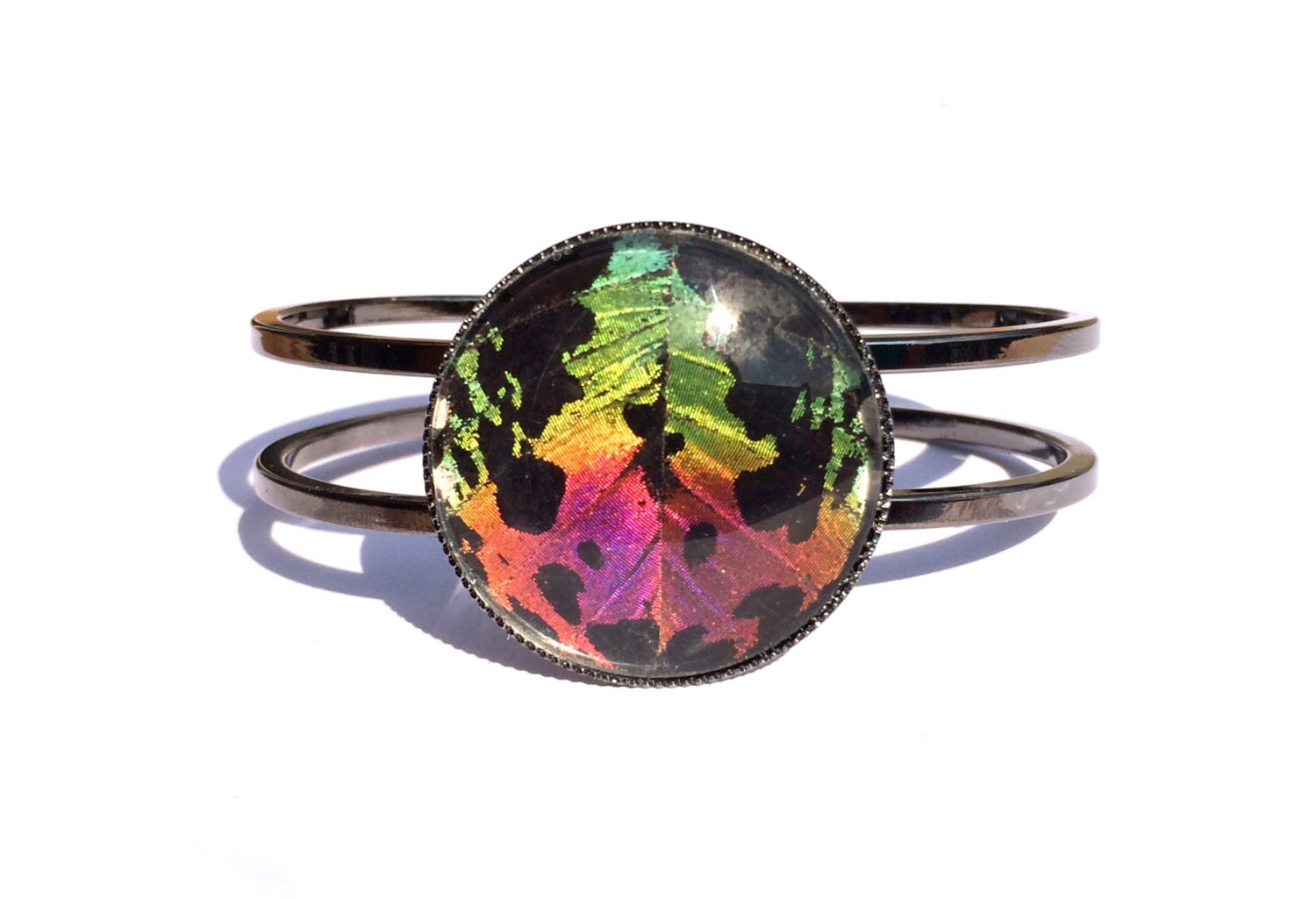 Real Butterfly Wing bracelet bangle Black cuff bracelet Purple and teal Gunmetal bracelet Glass terrarium bracelet Sunset moth bracelet