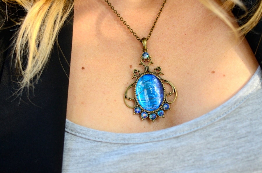 Blue Butterfly Wing Necklace Real Morpho Royal Blue Statement Necklace Khaleesi Cobalt Blue quartz crystal Vampire Diaries blue and gold